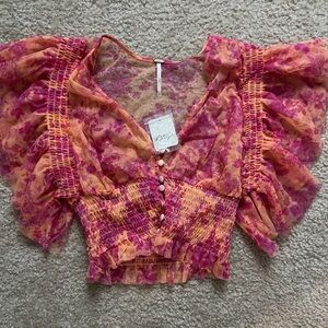 Free People Pink and Orange Floral Top